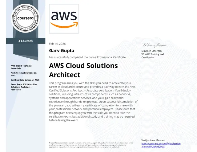 Certificate: AWS Cloud Solutions Architect, issued by Amazon Web Services via Coursera, Feb 14, 2026