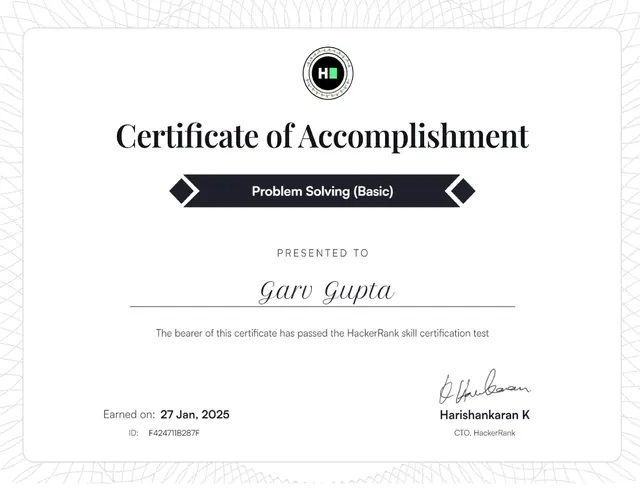 Certificate: Problem Solving (Basic), issued by HackerRank, Jan 27, 2025