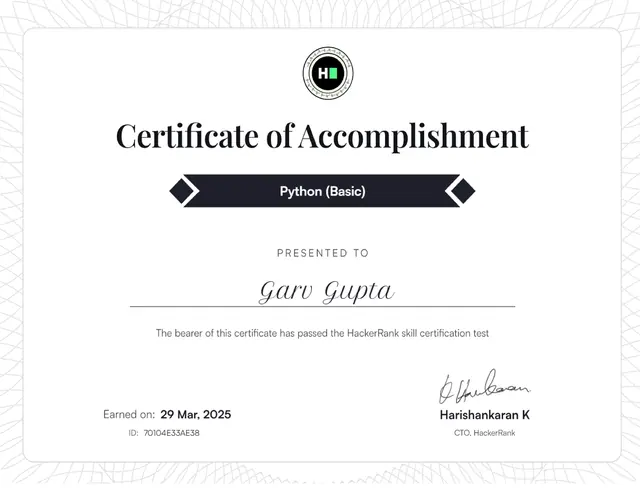 Certificate: Python (Basic), issued by HackerRank, Mar 29, 2025