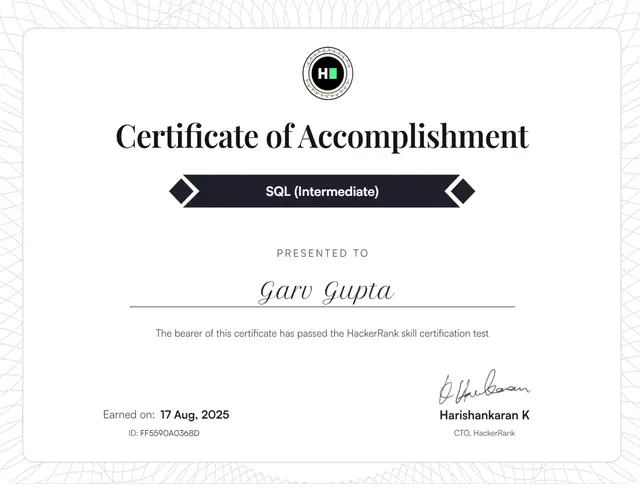 Certificate: SQL (Intermediate), issued by HackerRank, Aug 17, 2025