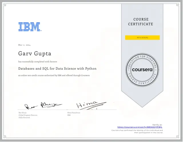 Certificate: Databases and SQL for Data Science with Python, issued by IBM via Coursera, Mar 2, 2024