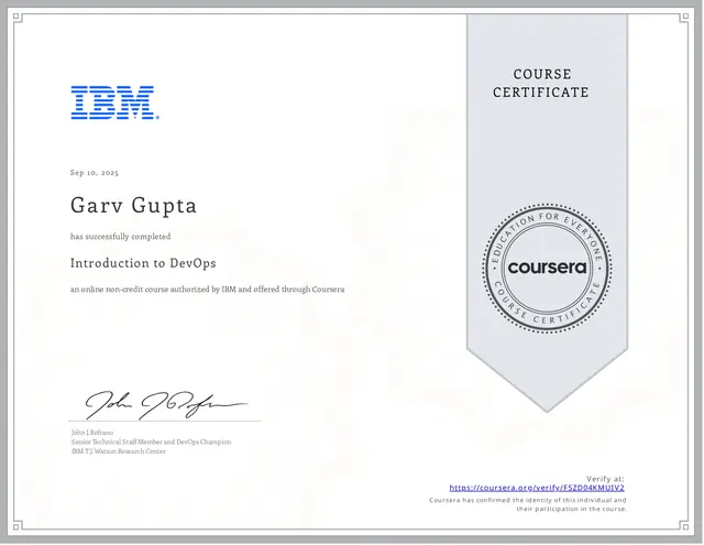 Certificate: Introduction to DevOps, issued by IBM via Coursera, Sep 10, 2025