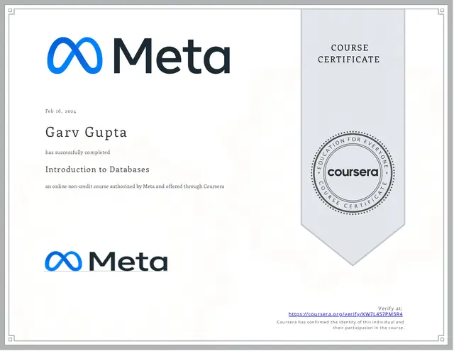 Certificate: Introduction to Databases, issued by Meta via Coursera, Feb 16, 2024